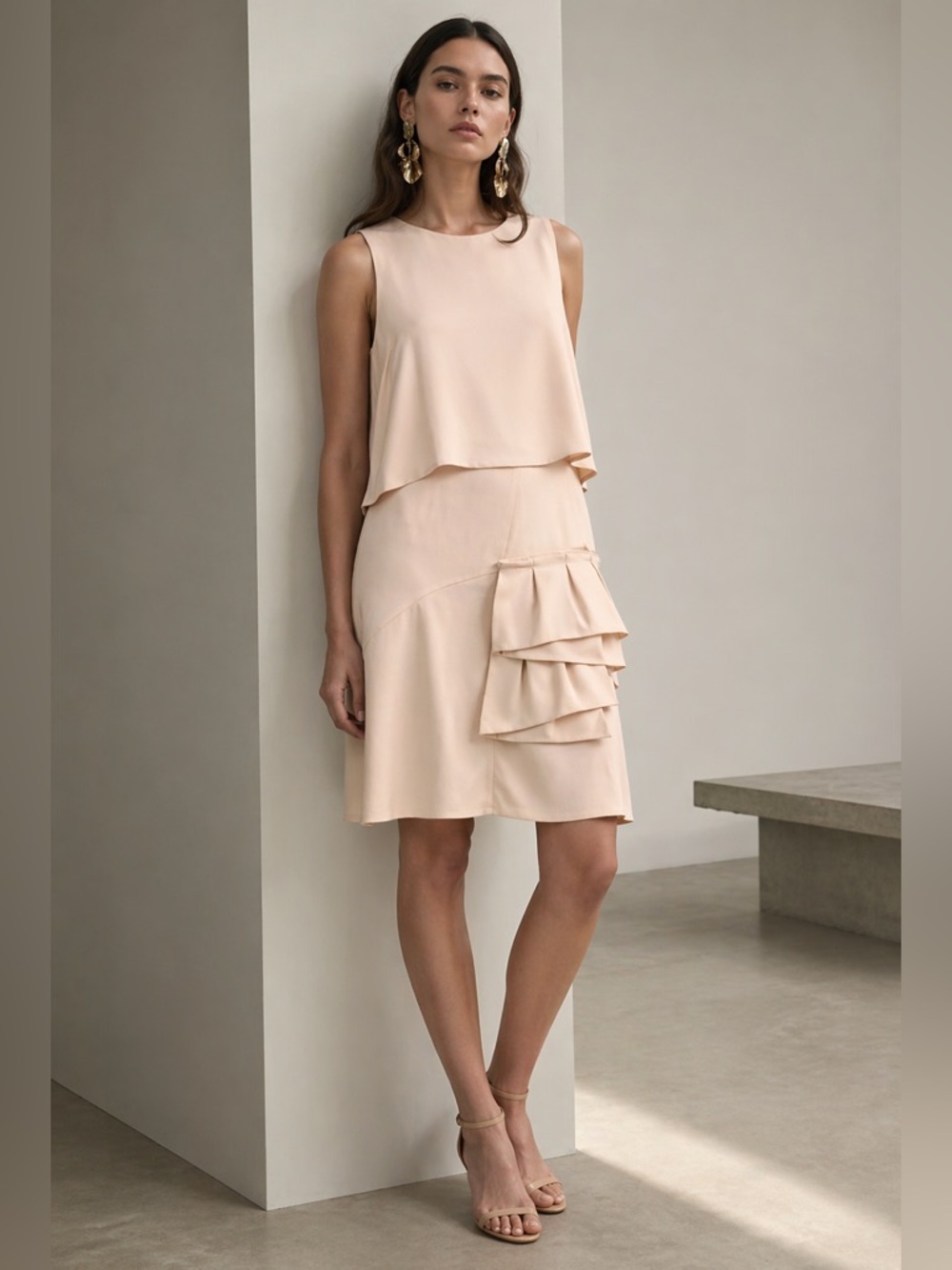 TIBI 100% Silk Mini Shift Dress Ruffle Accent Tan Beige